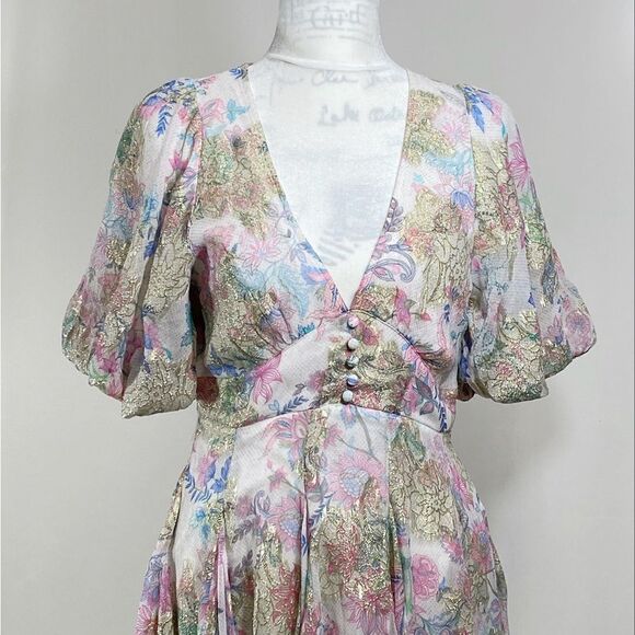 HEMANT & NANDITA Metallic Floral Puff-Sleeve Minidress size L - Picture 6 of 12